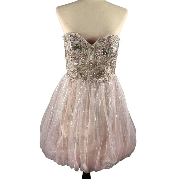 Tony Bowls Jeweled & Lace Bodice Pink Tulle & Silver Short Bubble Dress … - Picture 1 of 13